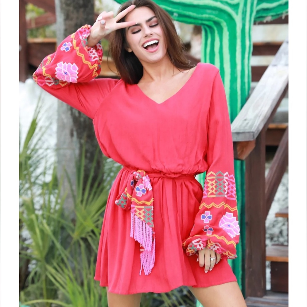 Judith March Gypsy Embroidered Floral Red Dress